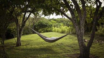 Serene hammock strung between trees in a lush green clearing.