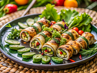 Tasty grilled roll with herbs and vegetables. Delicious Food background