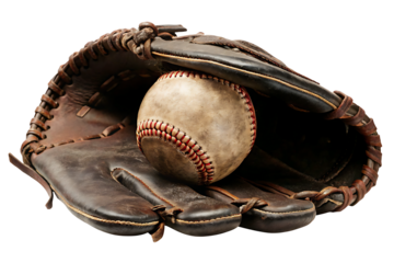 vintage baseball glove holding an old baseball isolated on white background PNG.AI GENERATED