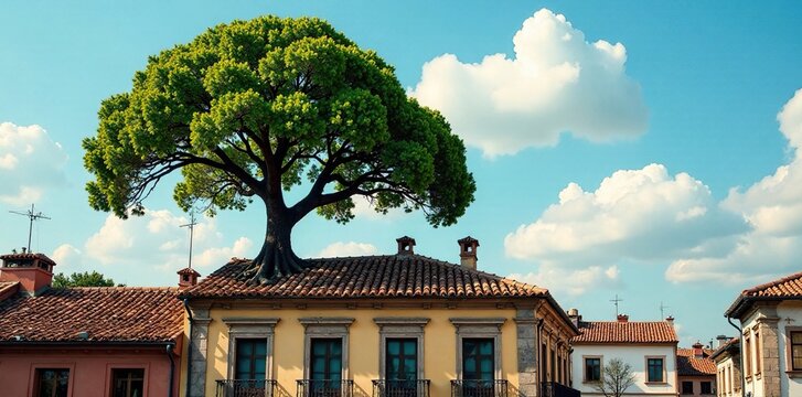 El ?rbol de roble se eleva sobre el techo de un edificio antiguo con techos de zinc, techo, urbano