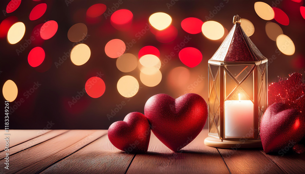 Poster a romantic scene featuring glowing hearts and a lantern, creating a warm atmosphere with bokeh light