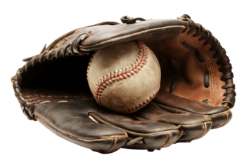 vintage baseball glove holding an old baseball isolated on white background PNG.AI GENERATED