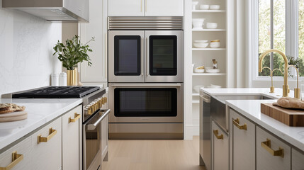 Stylish kitchen featuring gold hardware, stainless steel appliances, and marble countertops