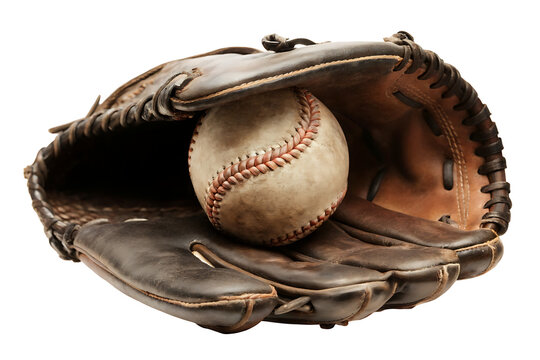 vintage baseball glove holding an old baseball isolated on white background PNG.AI GENERATED