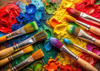 Obraz premium Panoramic View of Colorful Paint Brushes and Palette with Red, Yellow, Blue, and Green Paints