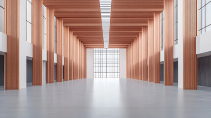Fototapeta premium Modern interior with wooden columns and expansive windows in a minimalist design setting