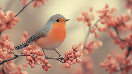 Fototapeta premium Robin perched on spring blossoms branch, natural harmony concept