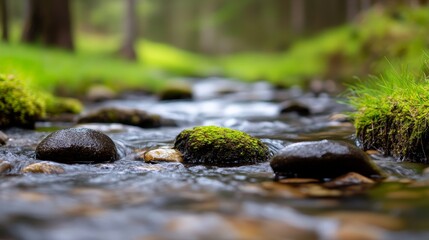 A serene stream flows over moss-covered stones in a lush, green forest setting.