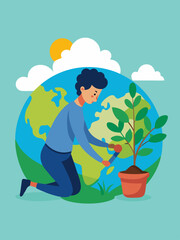 Man planting a tree in a garden with blue and green accents