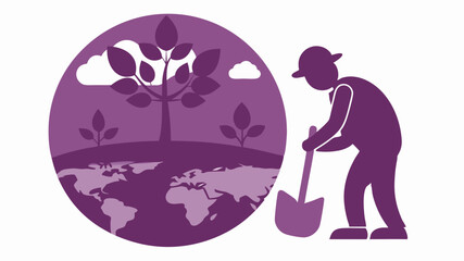 Silhouette of a person planting a tree in purple tones