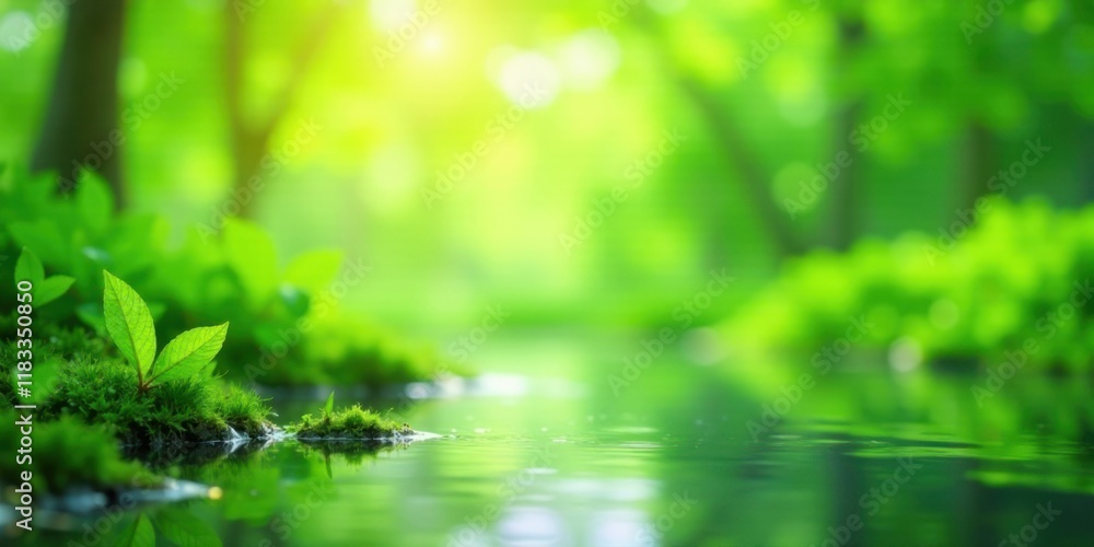 Poster serene springtime stream scene lush greenery reflecting in calm water