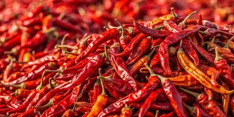 Fototapeta premium Panoramic View of Dried Cayenne Peppers, 4K Ultra HD Spicy Red Chili Food Background