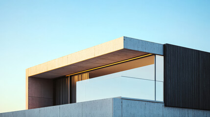 Modern architectural design featuring a minimalist building with glass and concrete elements