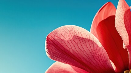 Pink magnolia petal close-up, sunny sky, spring bloom, nature backdrop, website banner