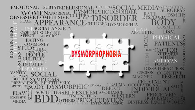 Dysmorphophobia as a complex subject, related to important topics. Pictured as a puzzle and a word cloud made of most important ideas and phrases related to dysmorphophobia. ,3d illustration