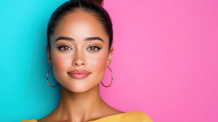vibrant Asian woman with joyful expression against colorful background