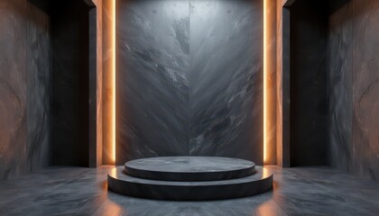 A dark stone 3D-rendered room with a cylindrical podium and glowing vertical wall lights.