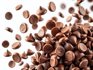 Naklejka premium Panoramic View of Floating Chocolate Chips, Isolated on White Background