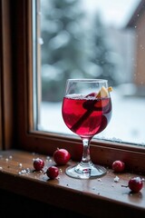 Glass of hot mulled wine on a frosty windowsill, ground, cold, window