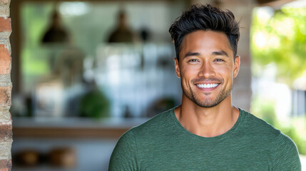 Obraz premium smiling man in green shirt with bright background, exuding confidence and warmth