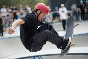 Skateboarder performing a trick mid-air in a skate park