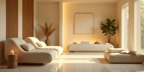 Serene Minimalist Lounge  Relaxing Interior Design with Natural Light and Neutral Tones