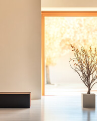Minimalist interior design with a decorative tree in a bright spacious room