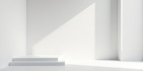 Fototapeta premium Minimalist White Room with Three-Step Platform and Sunlight