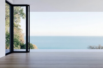 Fototapeta premium Modern interior space featuring panoramic ocean view and minimalistic design elements