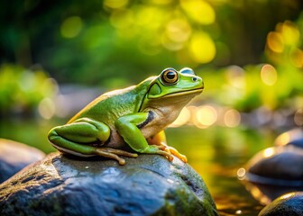 Naklejka premium Panoramic View of Green Frog Perched on River Rock