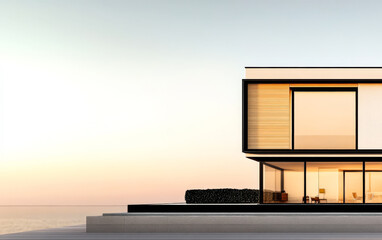 Modern minimalist house by the ocean at sunset with large glass windows and sleek design