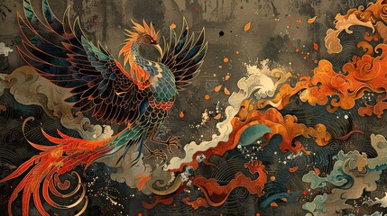 A bold and empowering t-shirt design that showcases a vibrant phoenix rising from the ashes. The environment is a fiery inferno, symbolizing transformation and resilience