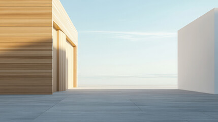 Modern architectural design featuring minimalist structures near the ocean at sunset