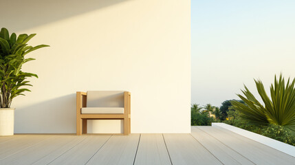 Minimalist outdoor space with a wooden chair and lush greenery at sunset