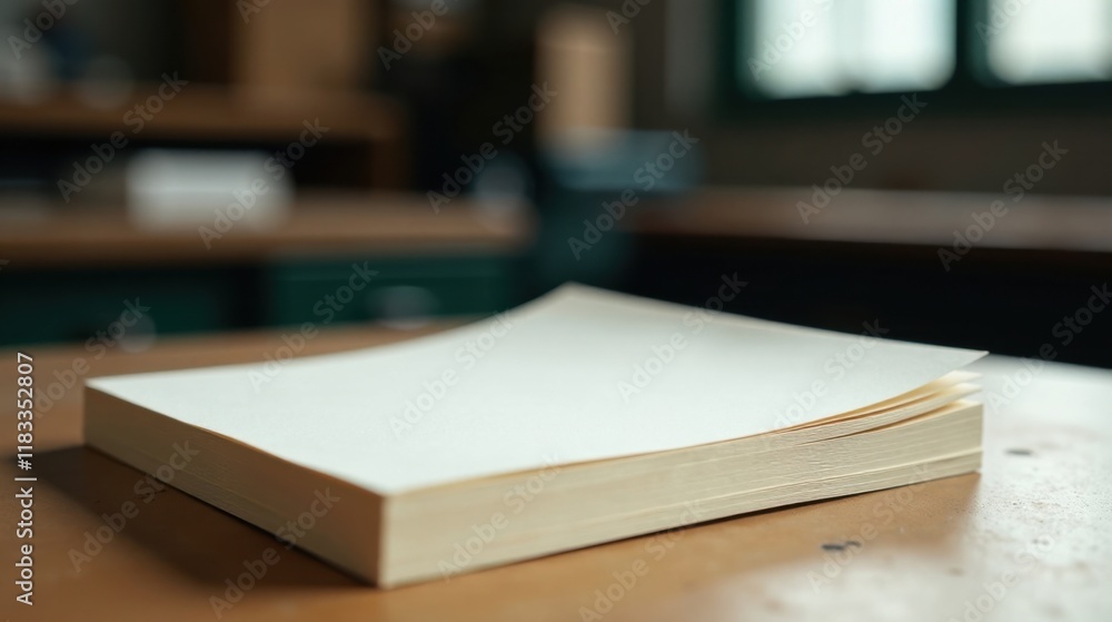 Poster a stack of blank, off-white paper sheets rests on a wooden surface in a workshop setting