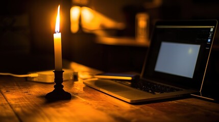 Dimly lit room with a single candle casting soft shadows on a wooden table, laptop and smartphone turned off, symbolizing a sudden power outage and serene atmosphere.