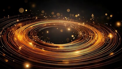 Obraz premium Glowing gold lines swirl concentrically with scattered particles against a dark backdrop.