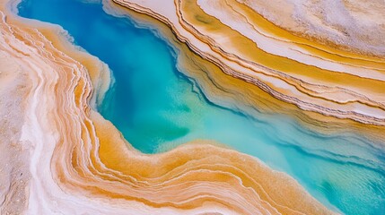 Aerial view of colorful mineral-rich hot springs and terraces in a natural landscape.