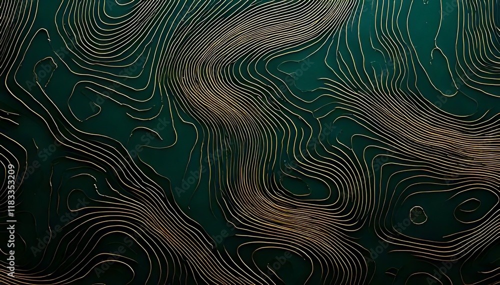 Poster gold contour lines create a topographical pattern across a deep green surface.