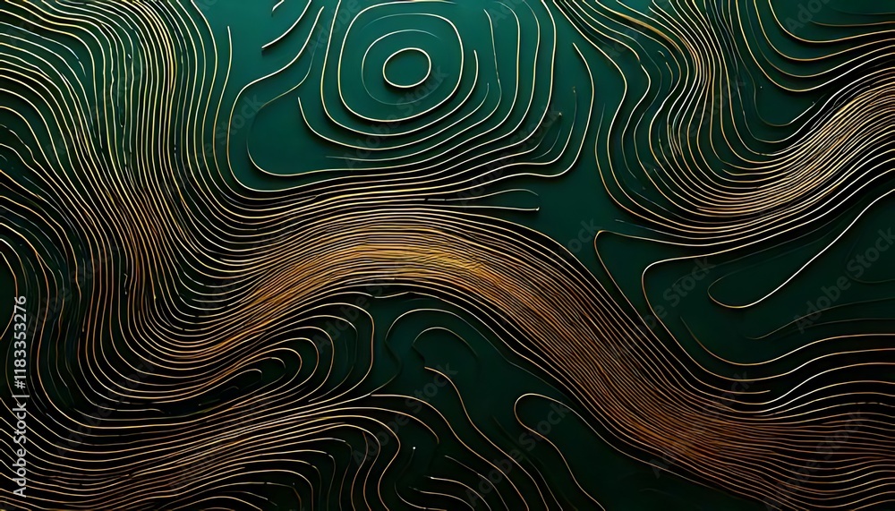 Poster gold contour lines create a topographical pattern across a deep green surface.