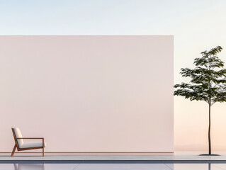 Minimalist outdoor space features modern chair and lone tree at sunset