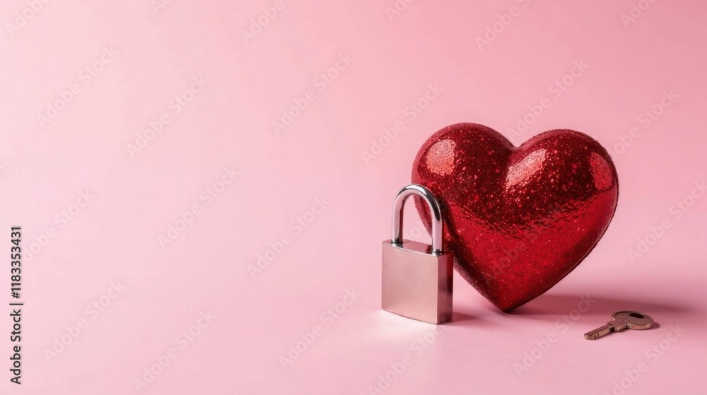 Poster securing affection a red glittery heart protected by a padlock and key on pink background