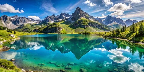 Fototapeta premium Panoramic View of Lac des Partias, Hautes-Alpes, French Alps Mountain Lake Landscape