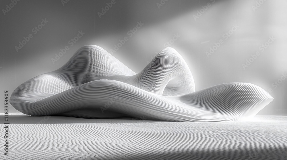 Poster abstract white sculptural form on textured surface.