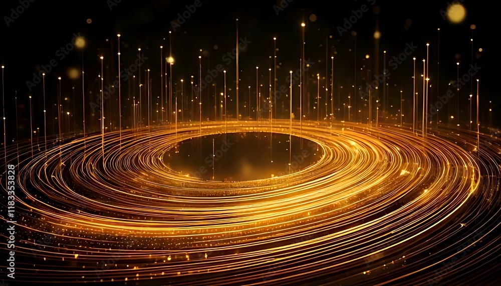 Poster golden circles emanate from a glowing center with a particle burst.