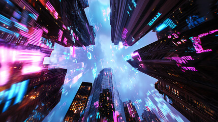 dramatic view of financial skyscrapers with vibrant digital displays, showcasing urban life and technology
