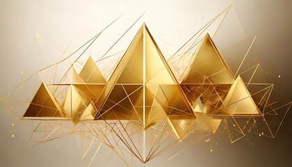 Golden geometric pyramids and lines create an elegant, abstract design on gray.
