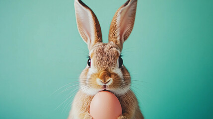 Obraz premium Bunny holding an egg against a vibrant green background. Generative AI