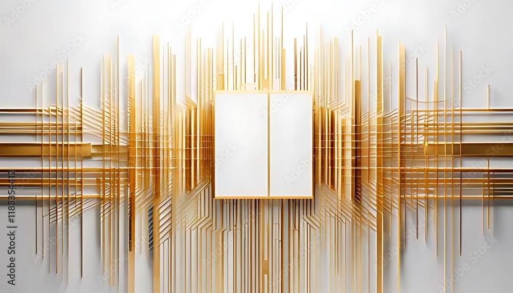 Poster golden lines create a structured geometric design with vertical bars against a white background.