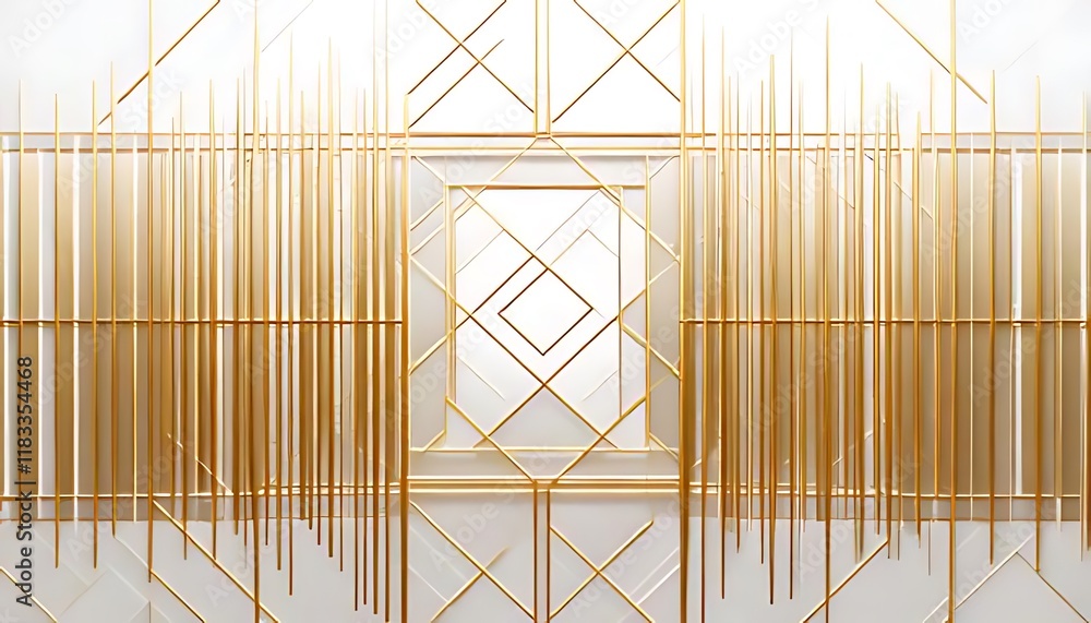 Poster golden lines create a structured geometric design with vertical bars against a white background.